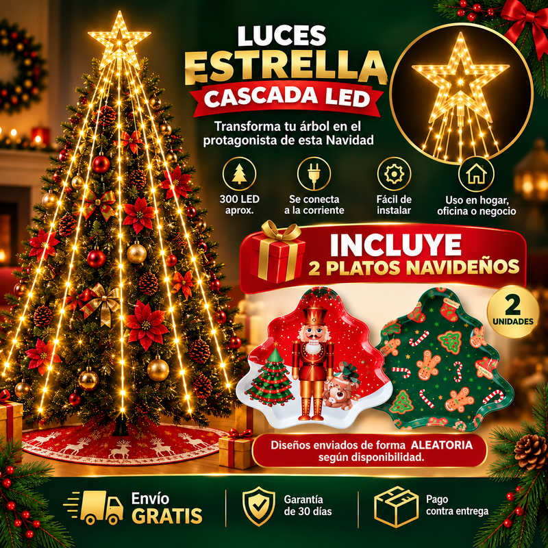 Luces Estrella Cascada  LED+ 🎁 2 platos Navideños de REGALO
